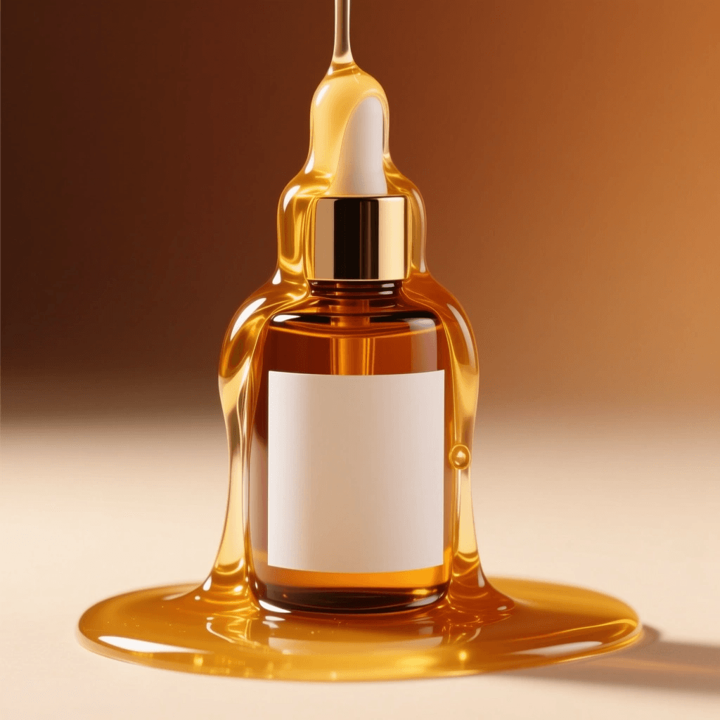 Amber fragrance bottle on warm glossy liquid surface