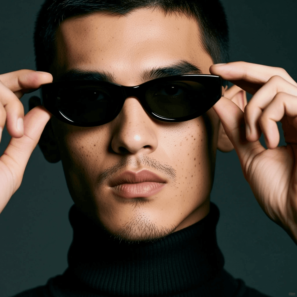 Male model with sunglasses in dark studio setup